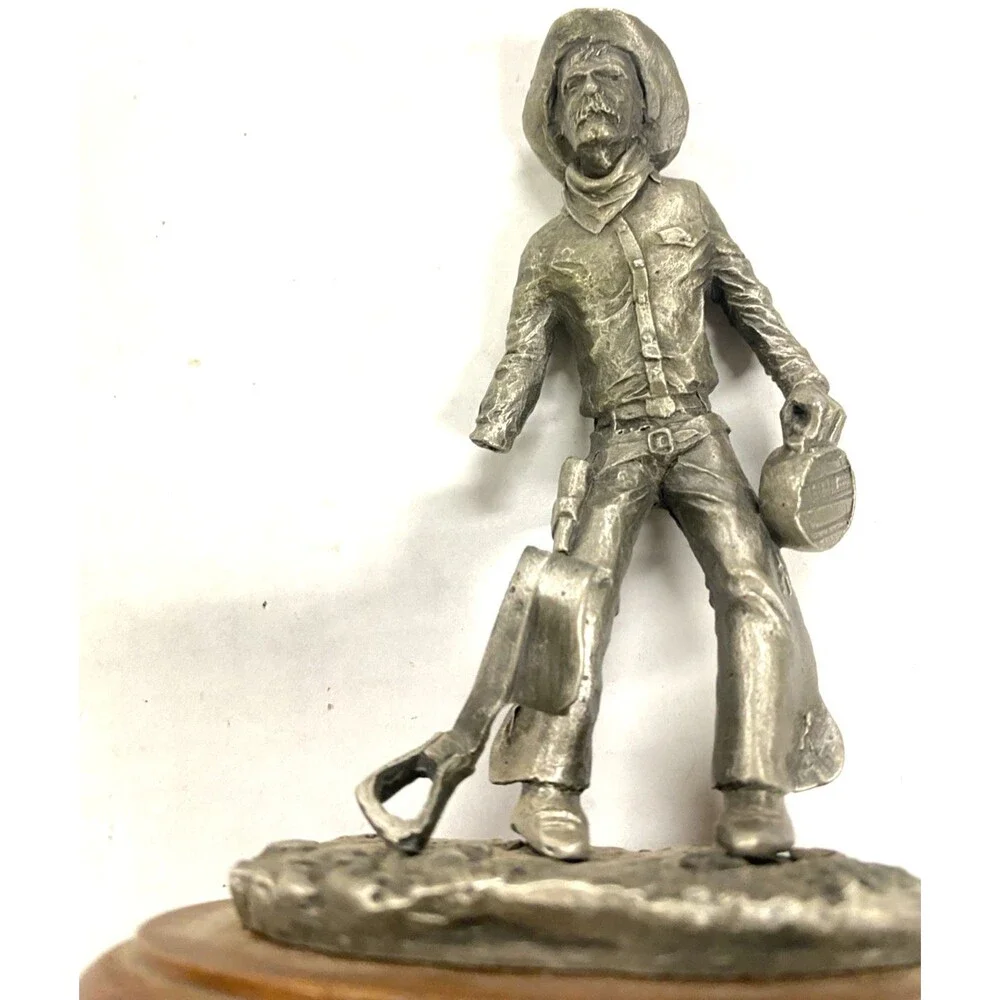 Vintage Pewter Cowboy Figurine Mounted On Wood W Canteen 1 Hand Lewis N Vapn